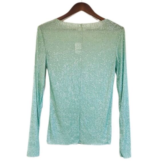 FREE PEOPLE Gold Rush Sequin Long Sleeve Top Tee Mint Green Medium Large New - Picture 4 of 11